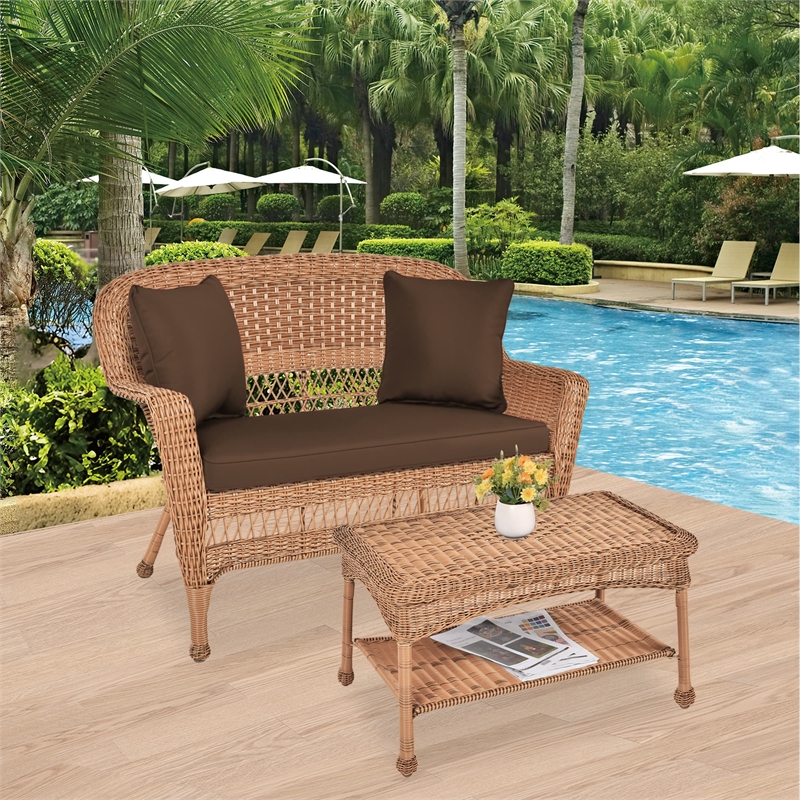 Jeco Wicker Patio Love Seat and Coffee Table Set in Honey with Brown Cushion