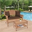 Jeco Wicker Patio Love Seat and Coffee Table Set in Honey with Brown Cushion