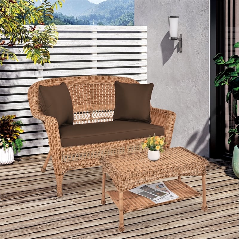 Jeco Wicker Patio Love Seat and Coffee Table Set in Honey with Brown Cushion