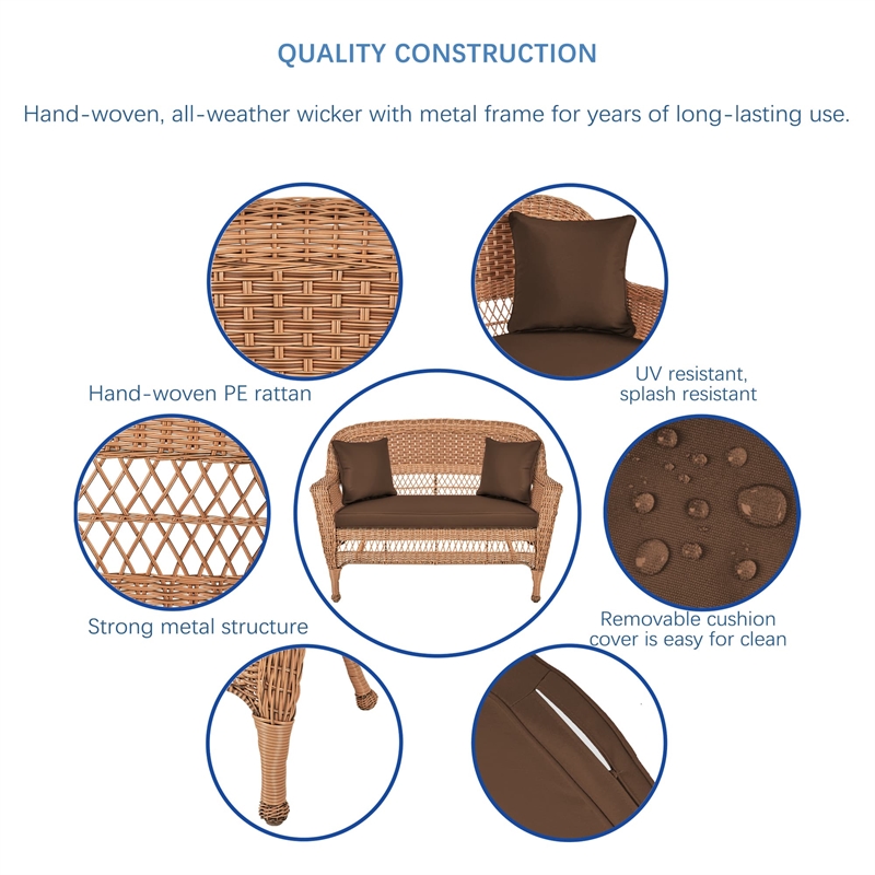 Jeco Wicker Patio Love Seat and Coffee Table Set in Honey with Brown Cushion