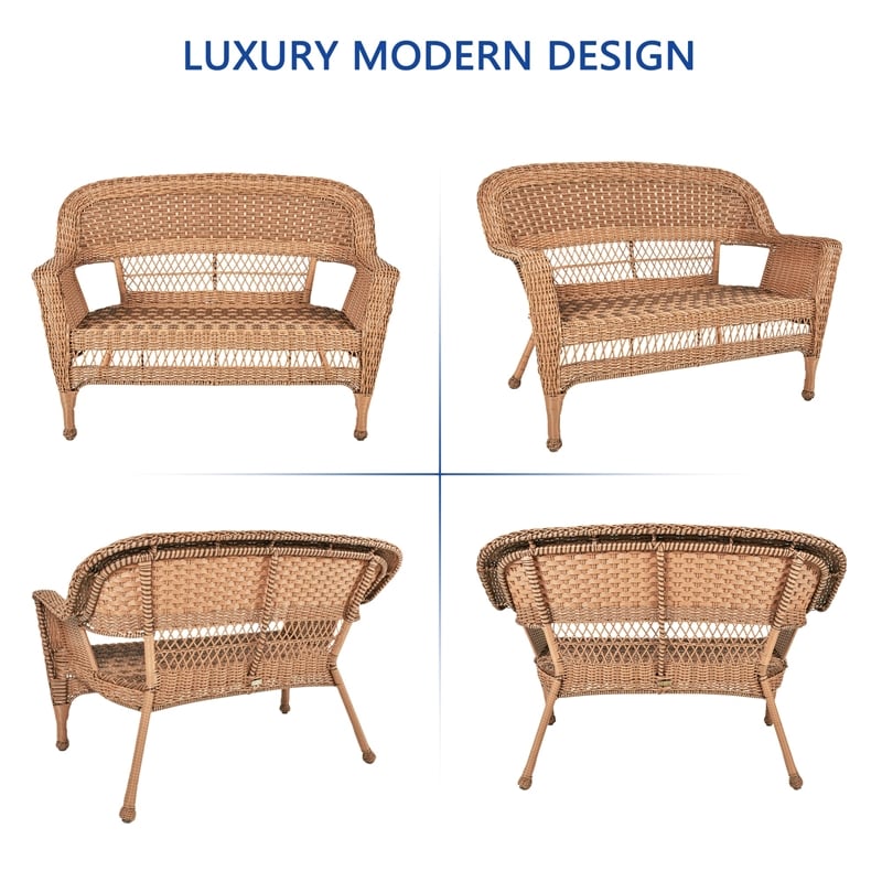 Jeco Wicker Patio Love Seat and Coffee Table Set in Honey with Brown Cushion