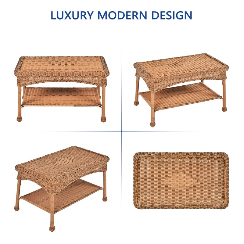 Jeco Wicker Patio Love Seat and Coffee Table Set in Honey with Brown Cushion