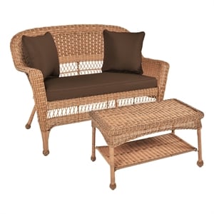 Jeco Wicker Patio Love Seat and Coffee Table Set in Honey with Brown Cushion