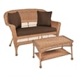 Jeco Wicker Patio Love Seat and Coffee Table Set in Honey with Brown Cushion