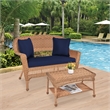 Jeco Wicker Patio Love Seat and Coffee Table Set in Honey with Blue Cushion