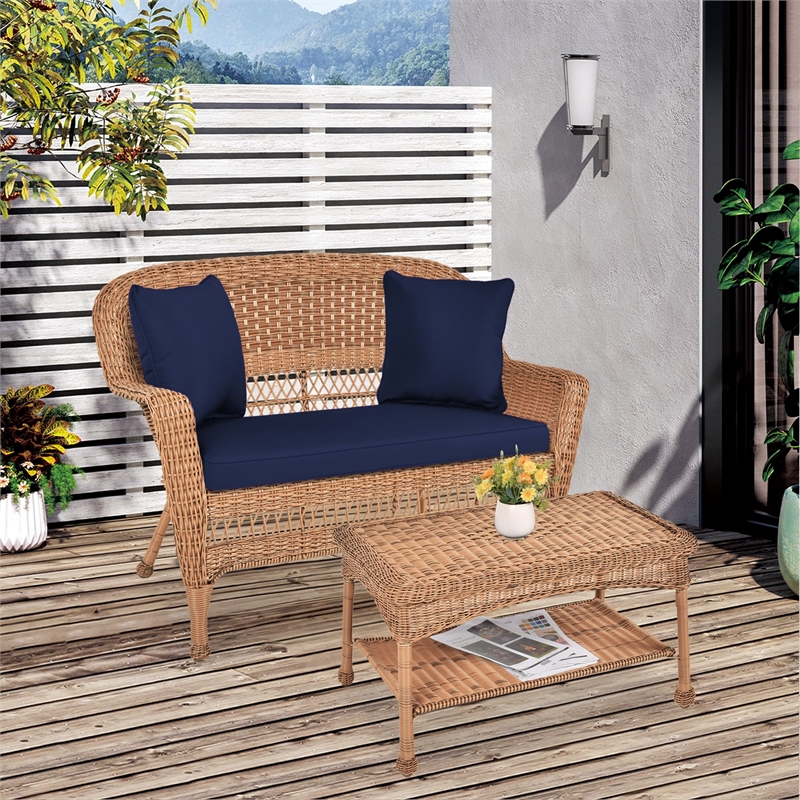 Jeco Wicker Patio Love Seat and Coffee Table Set in Honey with Blue Cushion