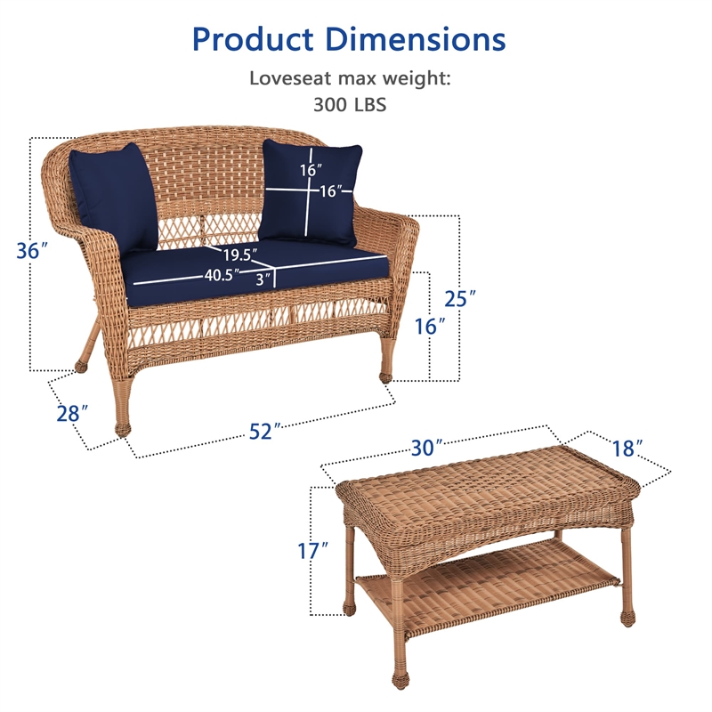 Jeco Wicker Patio Love Seat and Coffee Table Set in Honey with Blue Cushion
