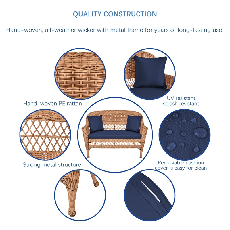 Jeco Wicker Patio Love Seat and Coffee Table Set in Honey with Blue Cushion
