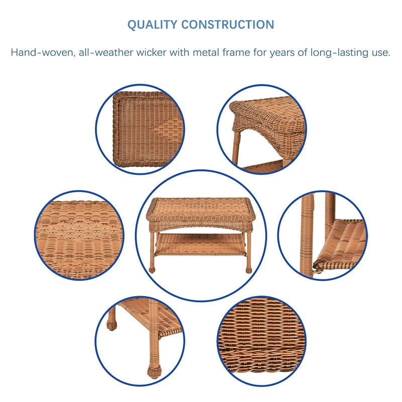 Jeco Wicker Patio Love Seat and Coffee Table Set in Honey with Blue Cushion