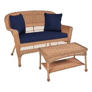 Jeco Wicker Patio Love Seat and Coffee Table Set in Honey with Blue Cushion