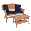 Jeco Wicker Patio Love Seat and Coffee Table Set in Honey with Blue Cushion
