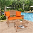 Jeco Wicker Patio Love Seat and Coffee Table Set in Honey with Orange Cushion