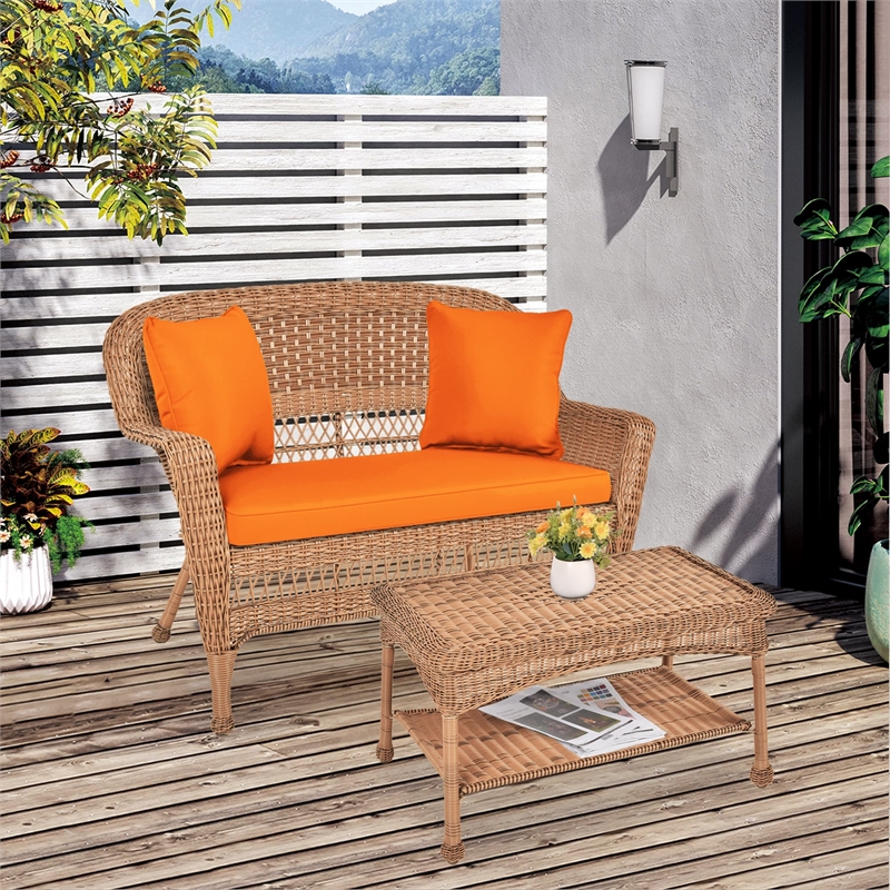 Jeco Wicker Patio Love Seat and Coffee Table Set in Honey with Orange Cushion