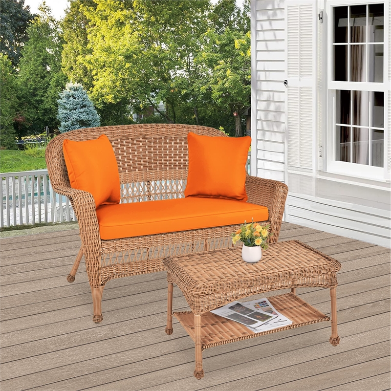 Jeco Wicker Patio Love Seat and Coffee Table Set in Honey with Orange Cushion