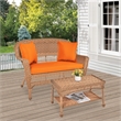 Jeco Wicker Patio Love Seat and Coffee Table Set in Honey with Orange Cushion