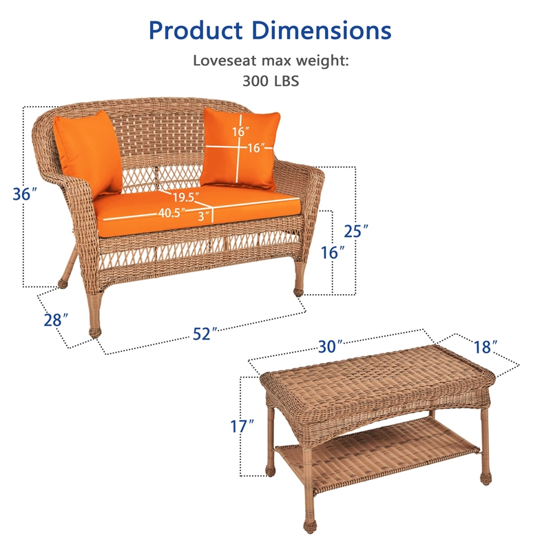Jeco Wicker Patio Love Seat and Coffee Table Set in Honey with Orange Cushion