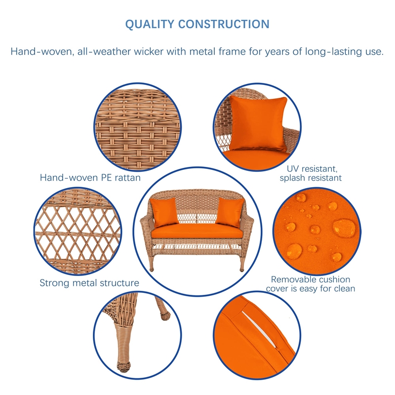 Jeco Wicker Patio Love Seat and Coffee Table Set in Honey with Orange Cushion