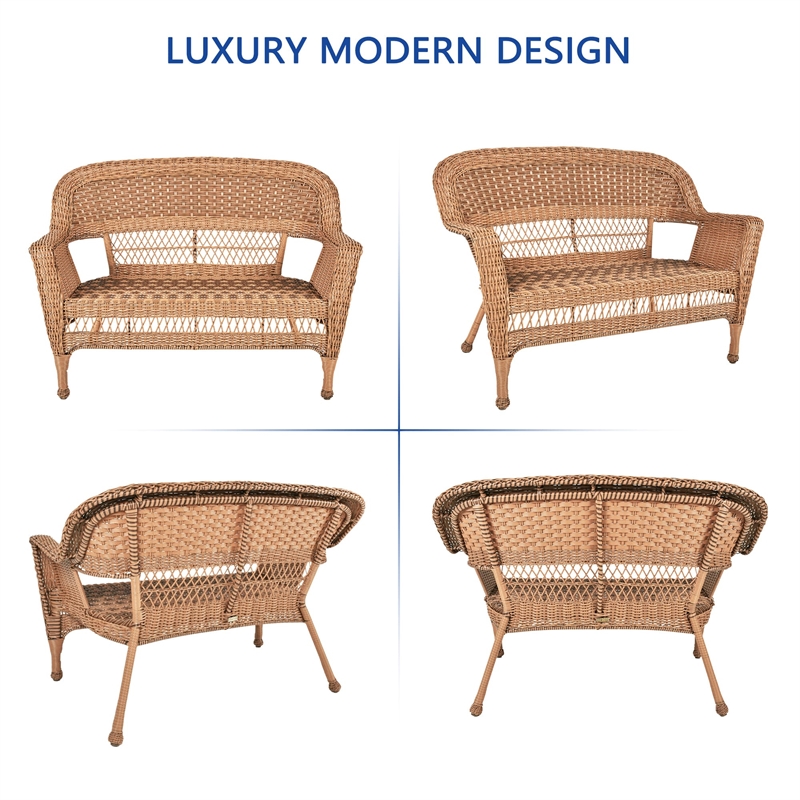Jeco Wicker Patio Love Seat and Coffee Table Set in Honey with Orange Cushion