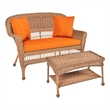 Jeco Wicker Patio Love Seat and Coffee Table Set in Honey with Orange Cushion