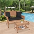 Jeco Wicker Patio Love Seat and Coffee Table Set in Honey with Black Cushion