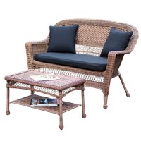 Jeco Wicker Patio Love Seat and Coffee Table Set in Espresso with Black Cushion BushFurnitureCollection