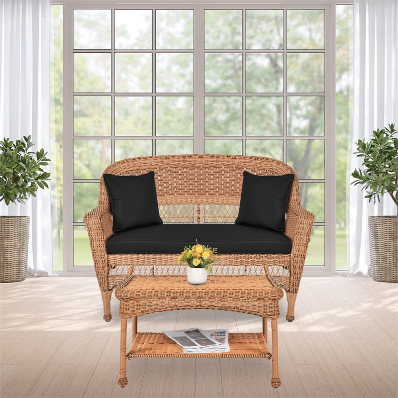 Jeco Wicker Patio Love Seat and Coffee Table Set in Honey with Black Cushion