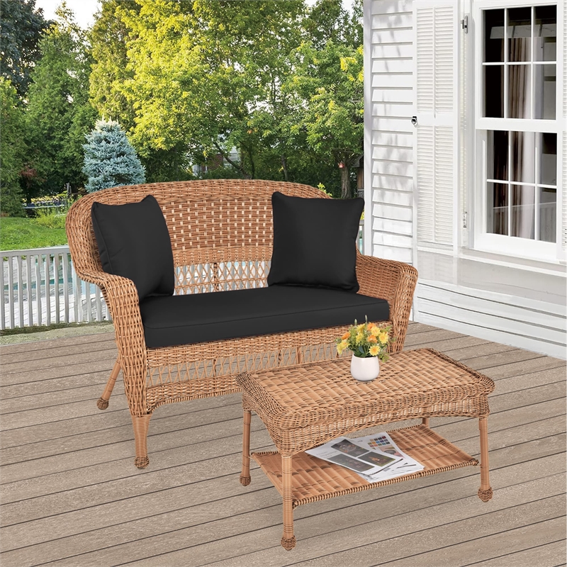 Jeco Wicker Patio Love Seat and Coffee Table Set in Honey with Black Cushion