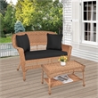 Jeco Wicker Patio Love Seat and Coffee Table Set in Honey with Black Cushion