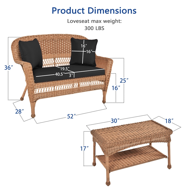 Jeco Wicker Patio Love Seat and Coffee Table Set in Honey with Black Cushion