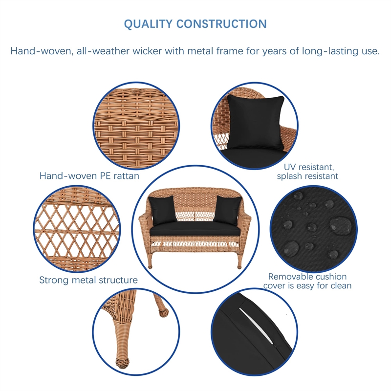 Jeco Wicker Patio Love Seat and Coffee Table Set in Honey with Black Cushion