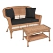 Jeco Wicker Patio Love Seat and Coffee Table Set in Honey with Black Cushion