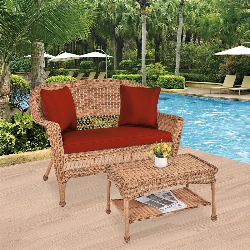 Jeco Wicker Patio Love Seat and Coffee Table Set in Honey