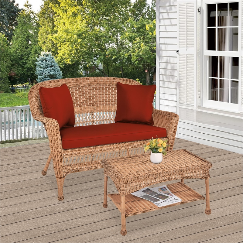 Jeco Wicker Patio Love Seat and Coffee Table Set in Honey