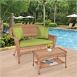 Jeco Wicker Patio Love Seat and Coffee Table Set in Honey with Green Cushion