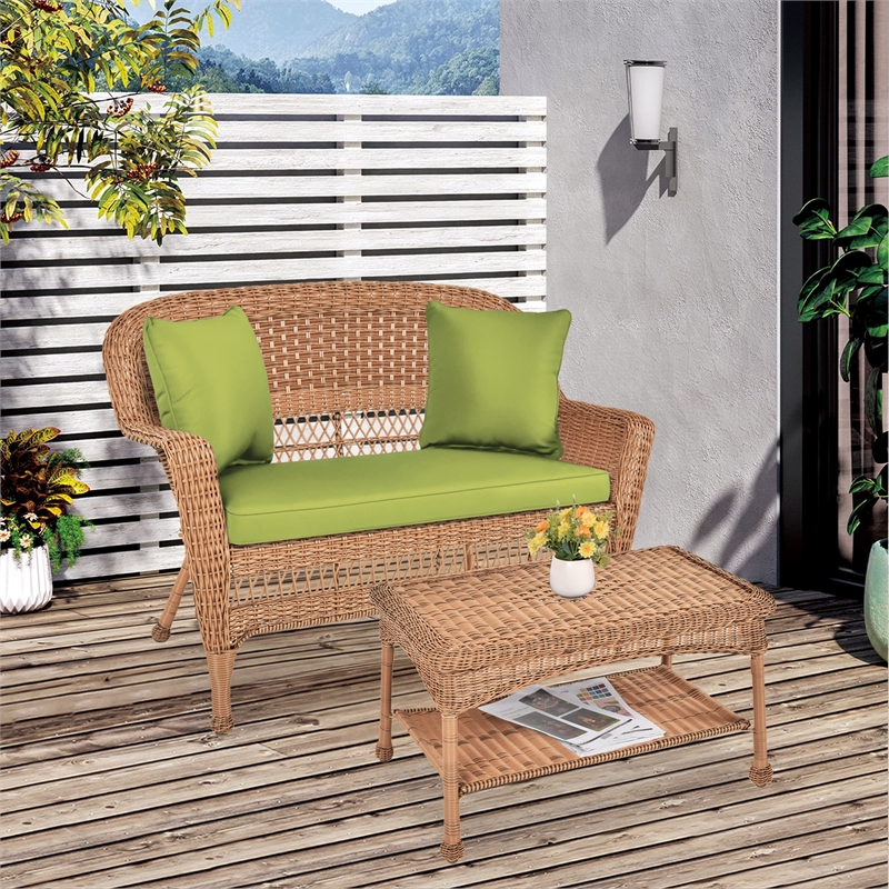 Jeco Wicker Patio Love Seat and Coffee Table Set in Honey with Green Cushion