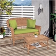 Jeco Wicker Patio Love Seat and Coffee Table Set in Honey with Green Cushion