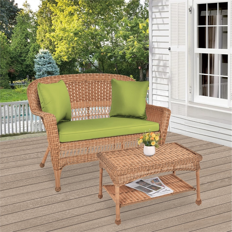 Jeco Wicker Patio Love Seat and Coffee Table Set in Honey with Green Cushion