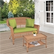 Jeco Wicker Patio Love Seat and Coffee Table Set in Honey with Green Cushion