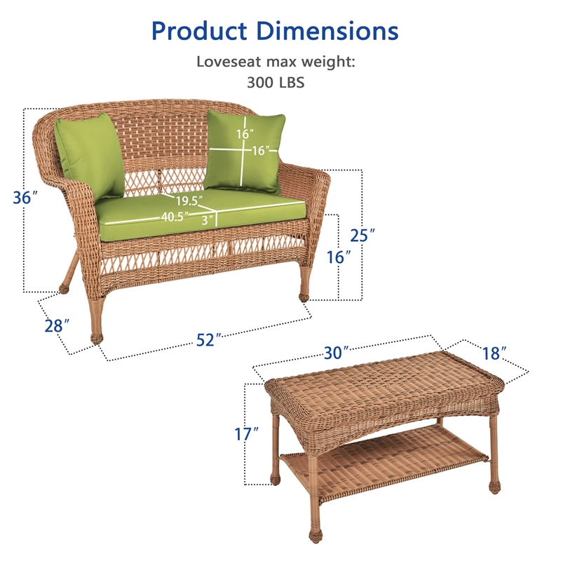 Jeco Wicker Patio Love Seat and Coffee Table Set in Honey with Green Cushion