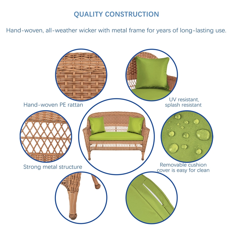Jeco Wicker Patio Love Seat and Coffee Table Set in Honey with Green Cushion