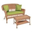 Jeco Wicker Patio Love Seat and Coffee Table Set in Honey with Green Cushion