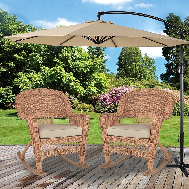 Jeco Wicker Rocker Chair in Honey with Tan Cushion (Set of 2)