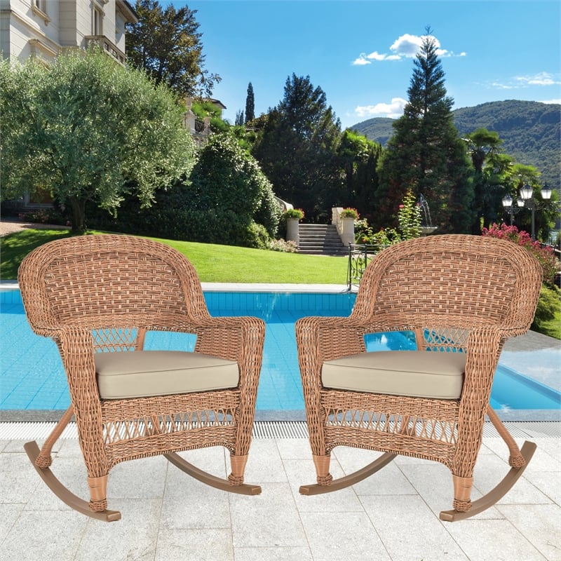 Jeco Wicker Rocker Chair in Honey with Tan Cushion (Set of 2)