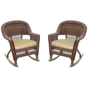 Jeco Wicker Rocker Chair in Honey with Tan Cushion (Set of 2)