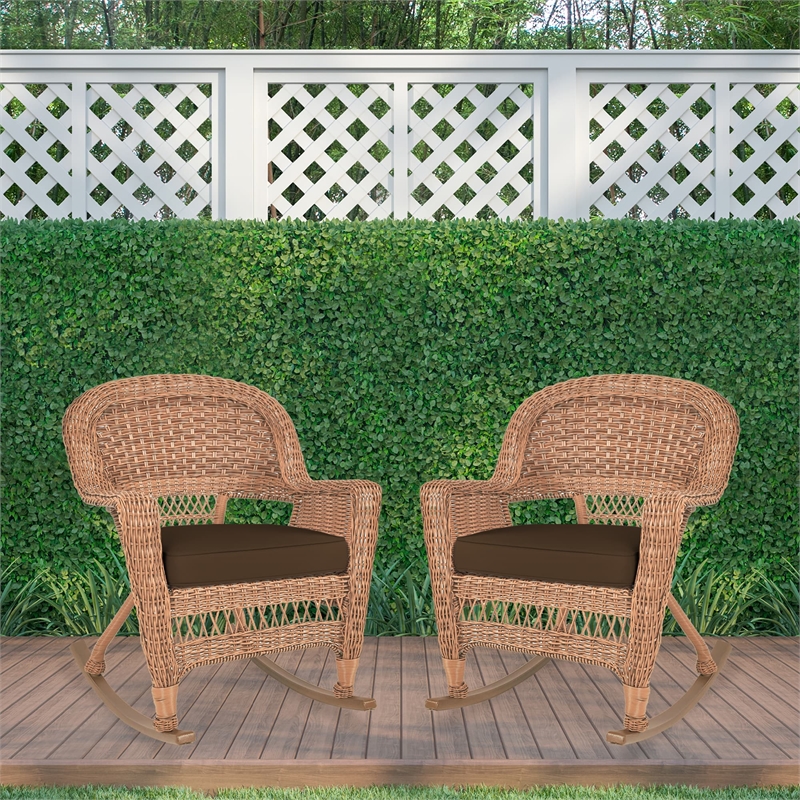 Jeco Wicker Rocker Chair in Honey with Brown Cushion (Set of 2)