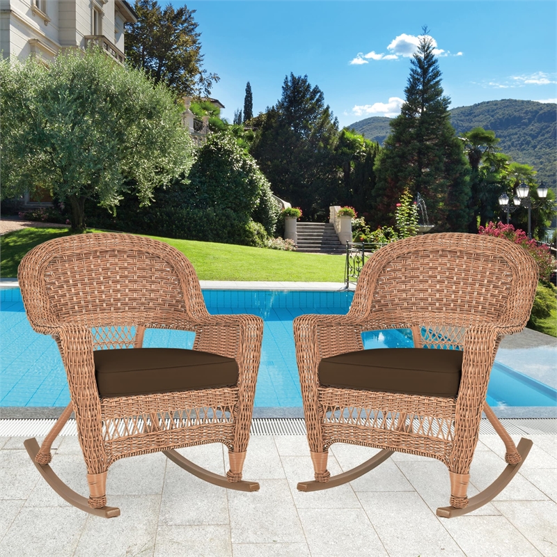 Jeco Wicker Rocker Chair in Honey with Brown Cushion (Set of 2)