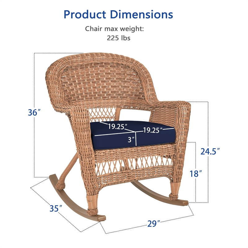Jeco Wicker Rocker Chair in Honey with Blue Cushion (Set of 2)