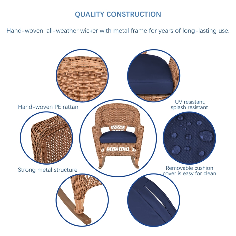 Jeco Wicker Rocker Chair in Honey with Blue Cushion (Set of 2)