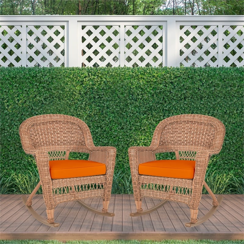 Jeco Wicker Rocker Chair in Honey with Orange Cushion (Set of 2)