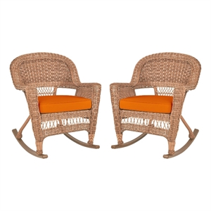 Jeco Wicker Rocker Chair in Honey with Orange Cushion (Set of 2)